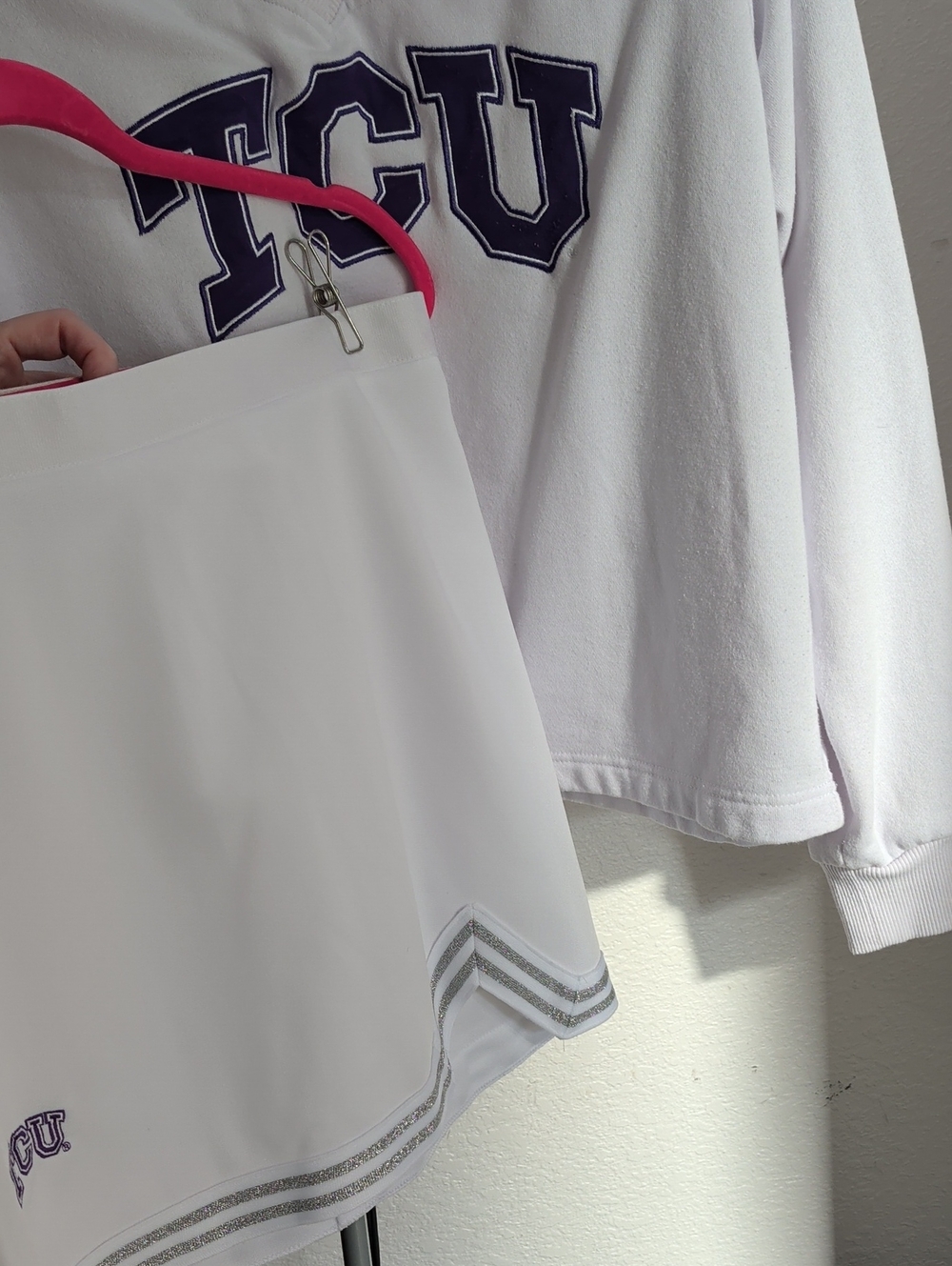 TCU White Cheer Skirt And Sweatshirt Set with Silver Trim